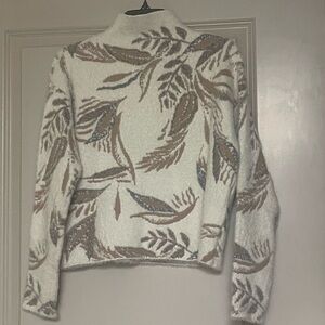 Tahari White and Brown Leaf Pattern Turtleneck Sweater.